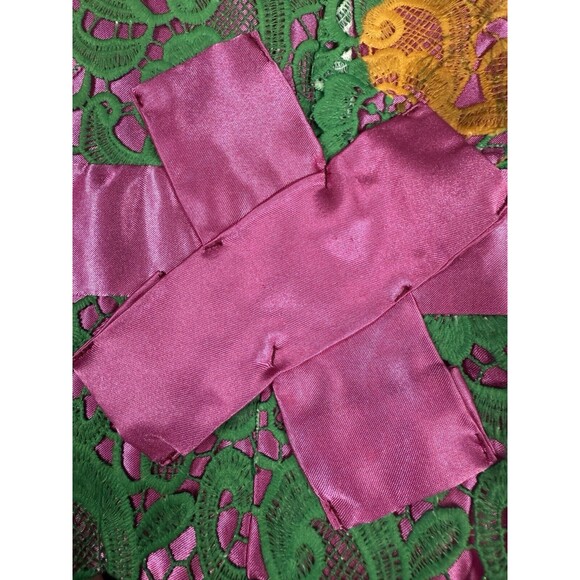 Handmade macramé floral bright green satin lace midi dress S whimsical fairy - Picture 6 of 13